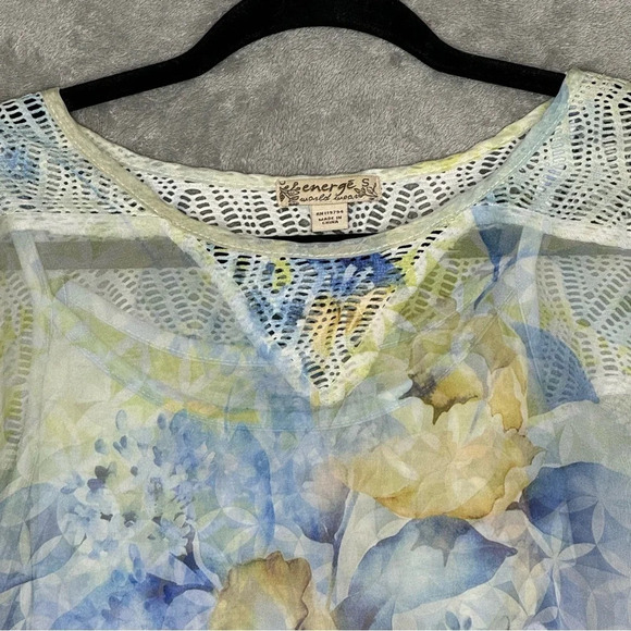 Energe S Small Shirt Top Blue Floral Poncho Short Sleeve Round Neck Lace Trim - Picture 3 of 7